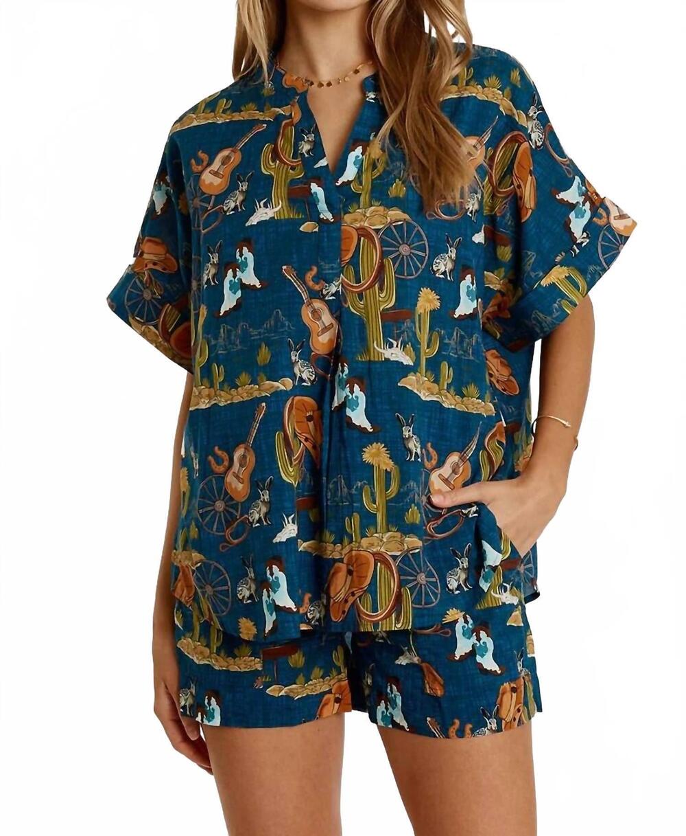 NEW LULALIFE prairie short sleeve blouse in navy